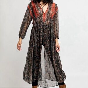 Free People Printed Flowing Sheer Chiffon Puff Sleeve Maxi Tunic Dress
